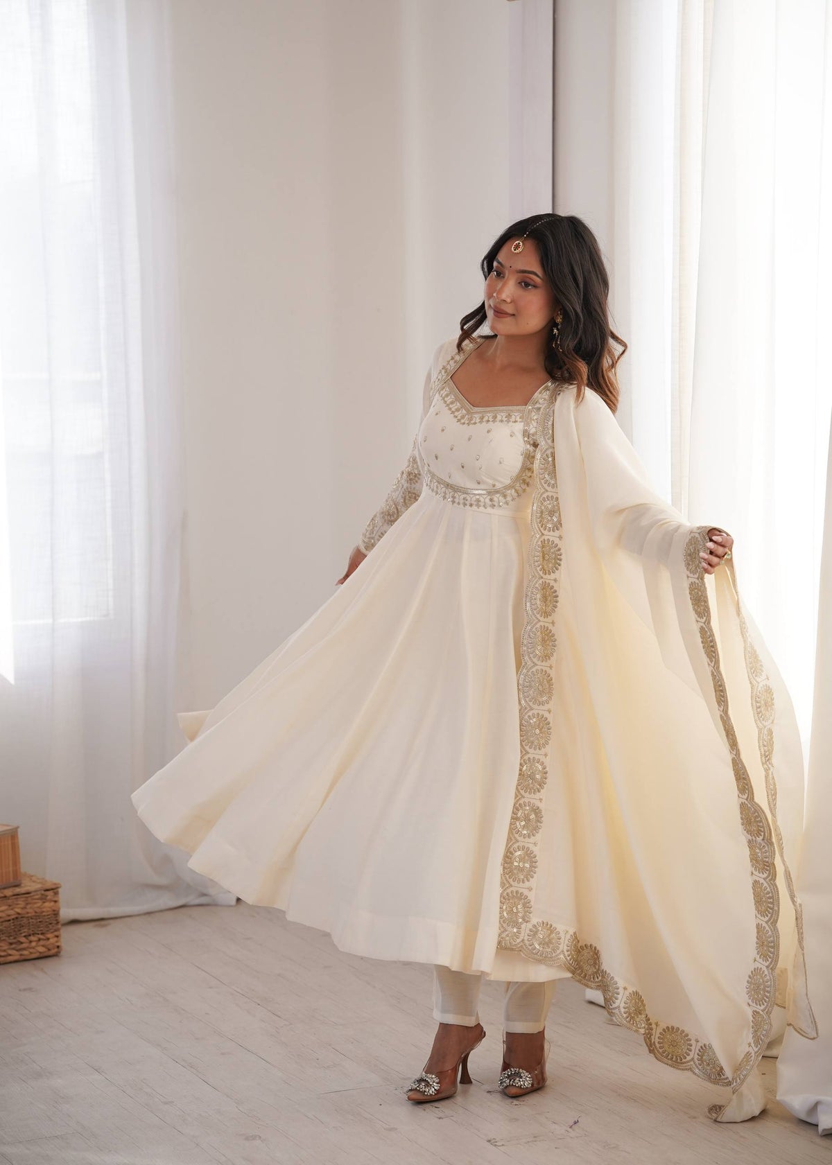 White Roman Silk Embroidery Sequence Work Suit Set