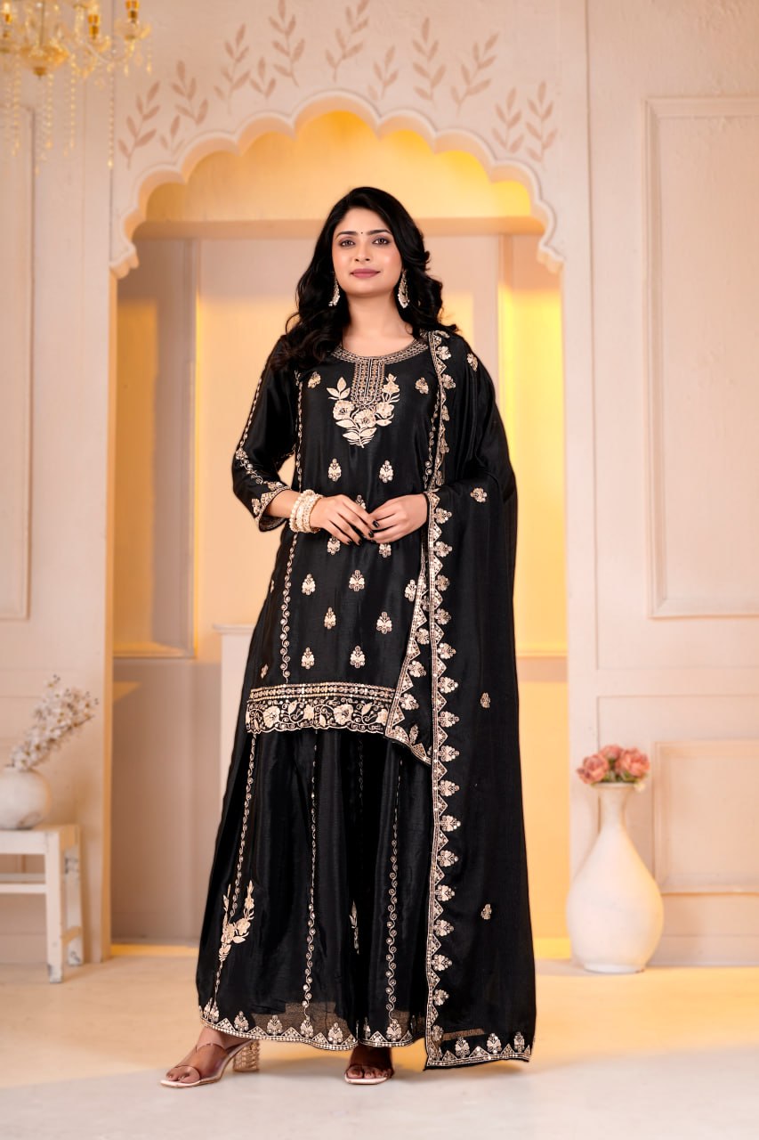 Black Chinon Sequence Embroidery Work Sharara Set