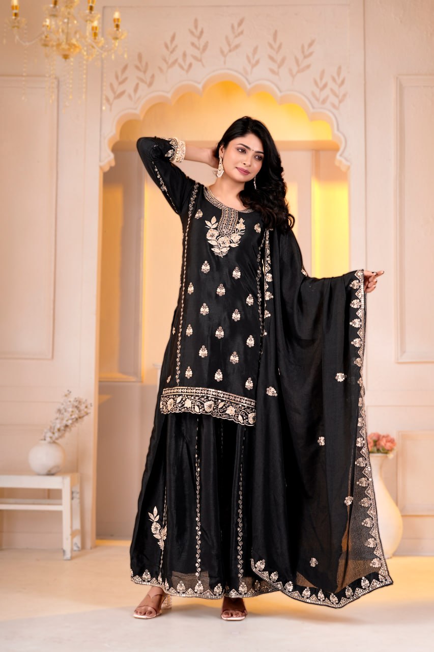 Black Chinon Sequence Embroidery Work Sharara Set