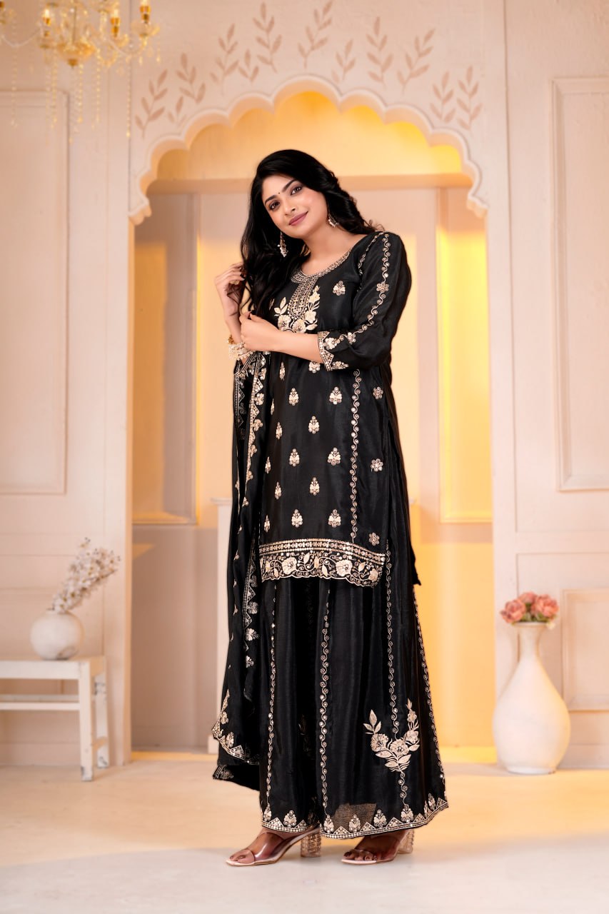 Black Chinon Sequence Embroidery Work Sharara Set