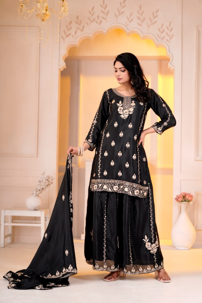Black Chinon Sequence Embroidery Work Sharara Set