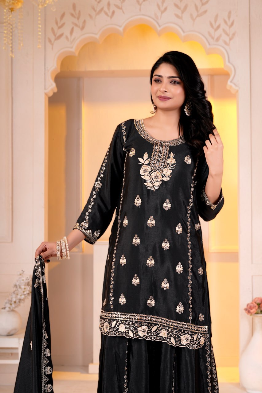 Black Chinon Sequence Embroidery Work Sharara Set