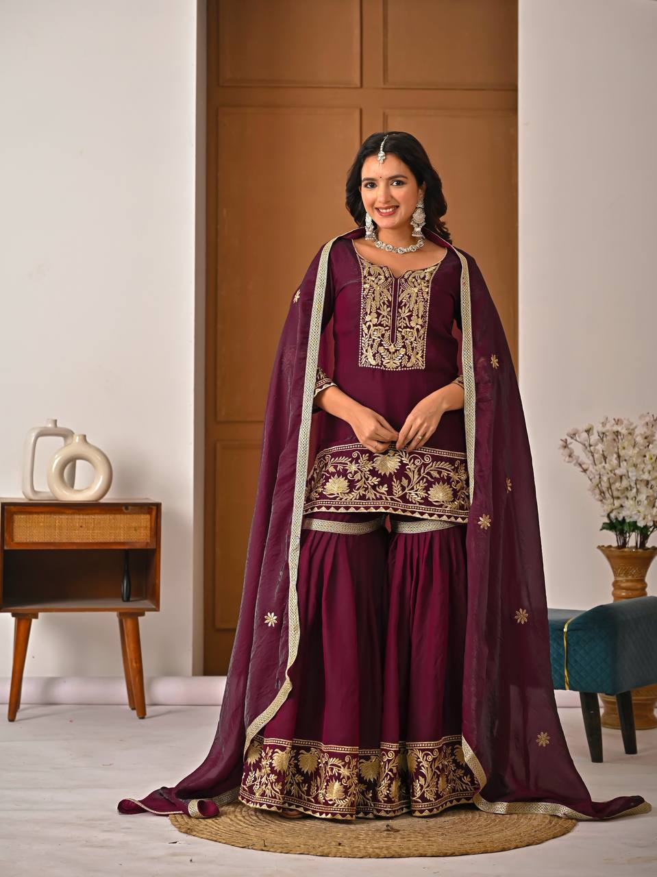 Wine Fendy Silk Embroidery Work & Fancy Lace Sharara Set