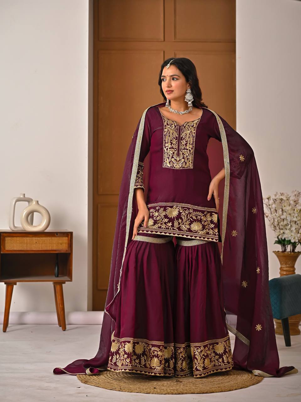 Wine Fendy Silk Embroidery Work & Fancy Lace Sharara Set