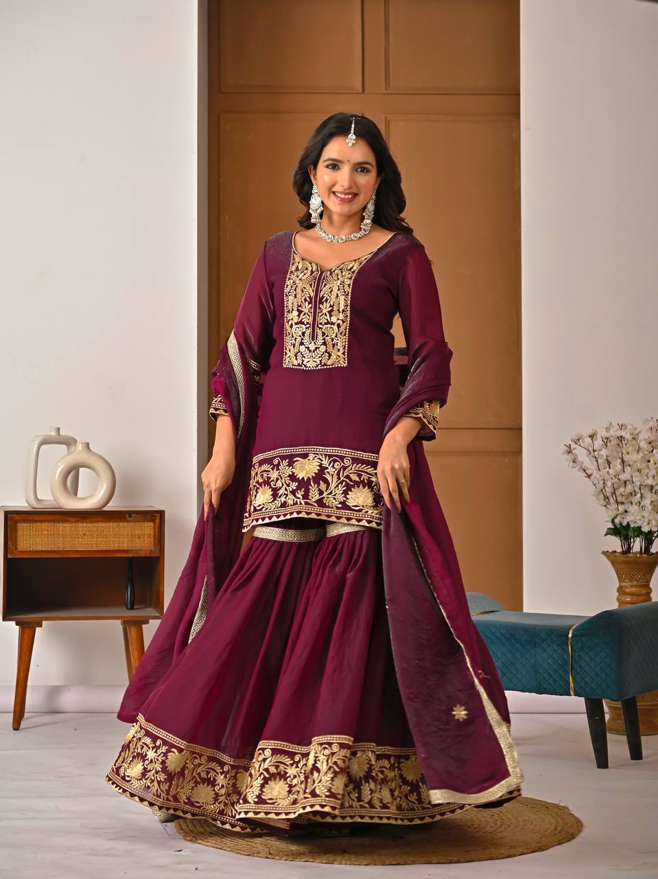 Wine Fendy Silk Embroidery Work & Fancy Lace Sharara Set