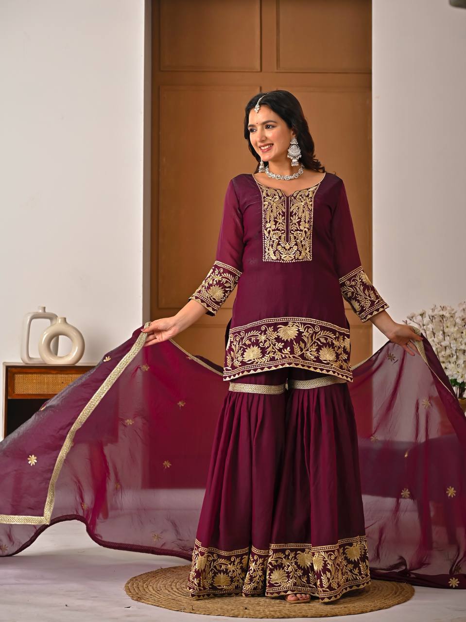 Wine Fendy Silk Embroidery Work & Fancy Lace Sharara Set