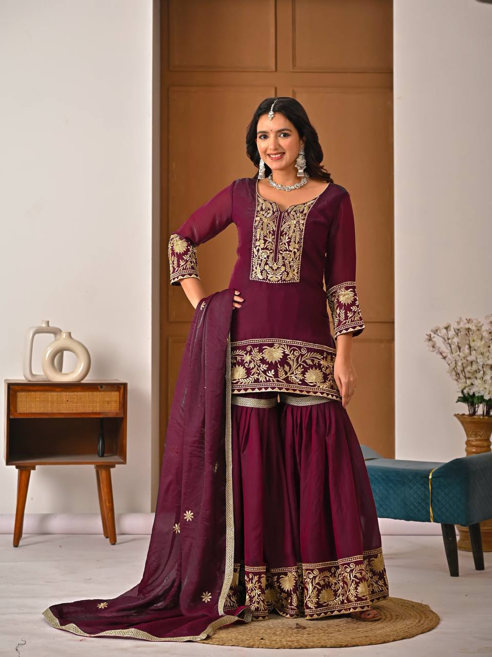 Wine Fendy Silk Embroidery Work & Fancy Lace Sharara Set