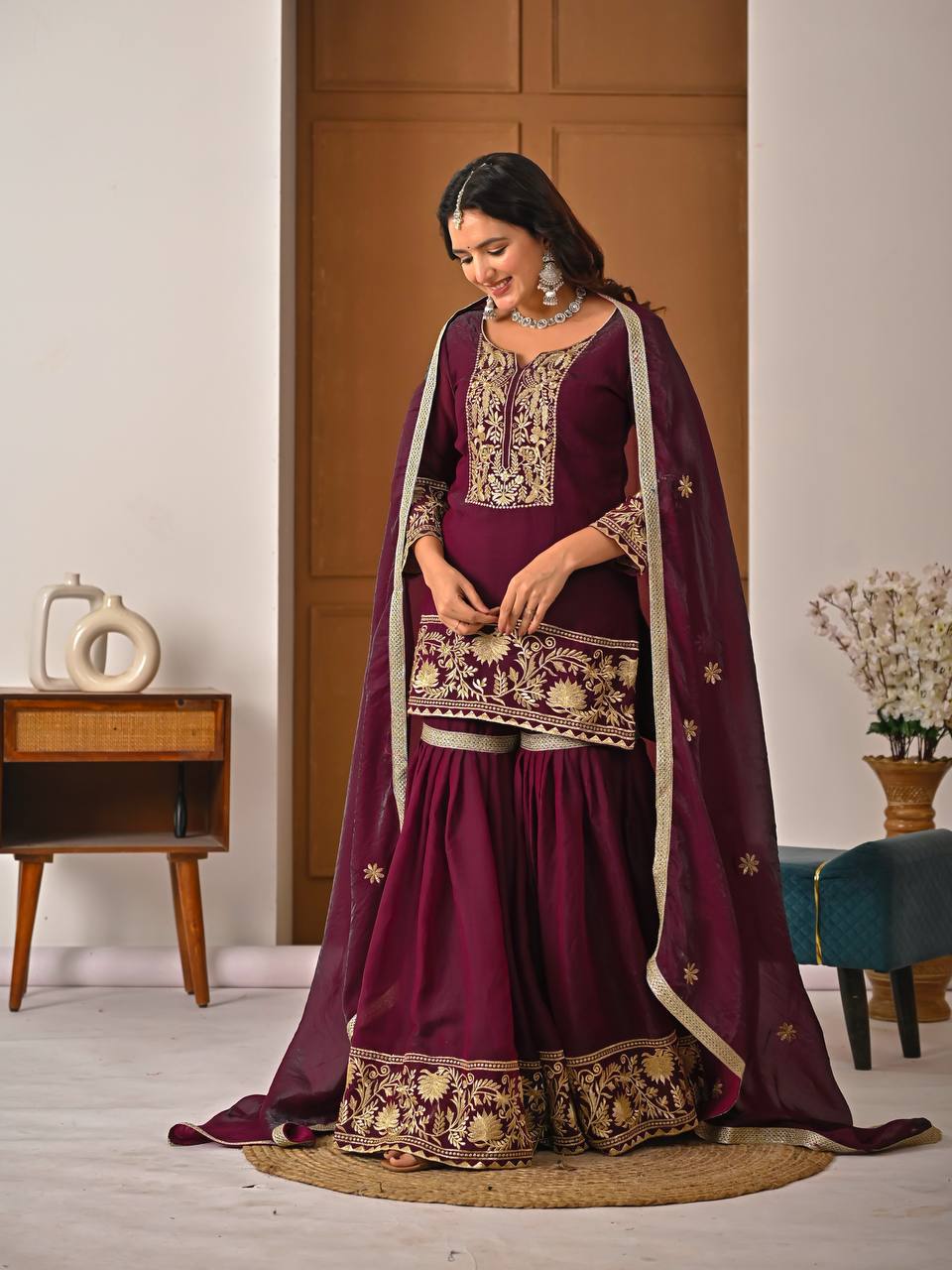 Wine Fendy Silk Embroidery Work & Fancy Lace Sharara Set