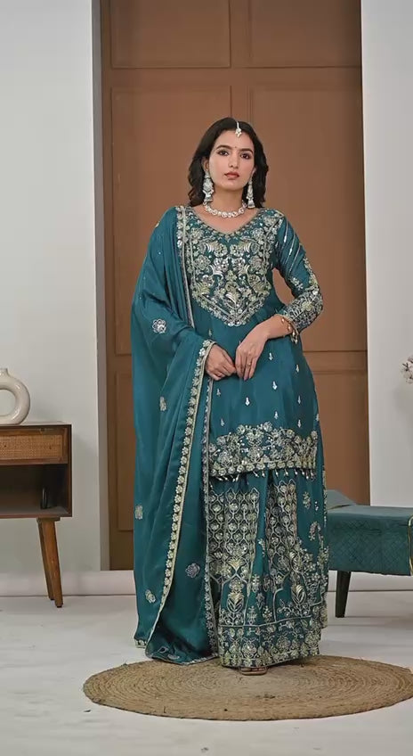 Teal Green Chinnon Silk 5mm Sequence & Zari Work With Lehenga
